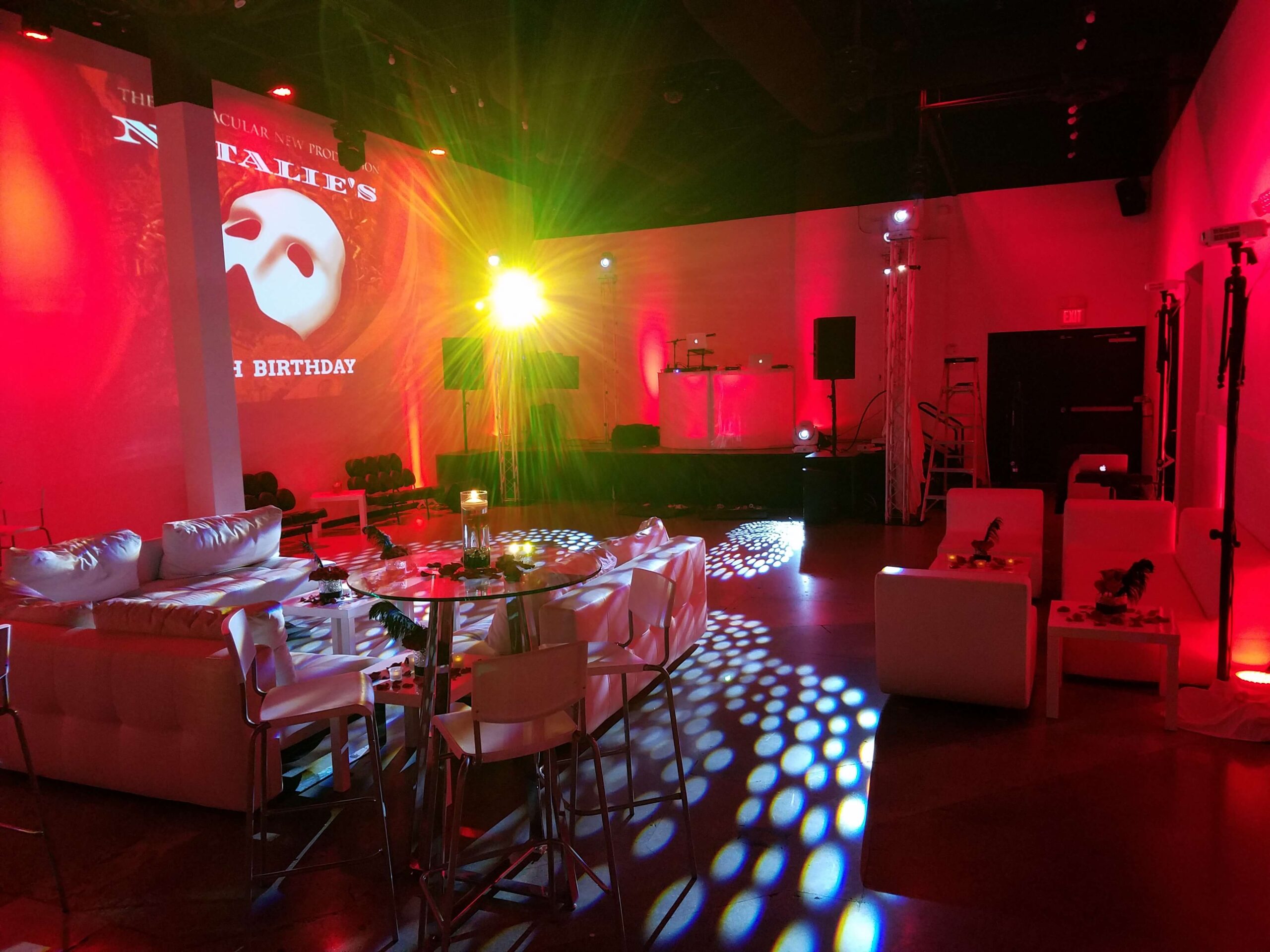 event space lit in red lights