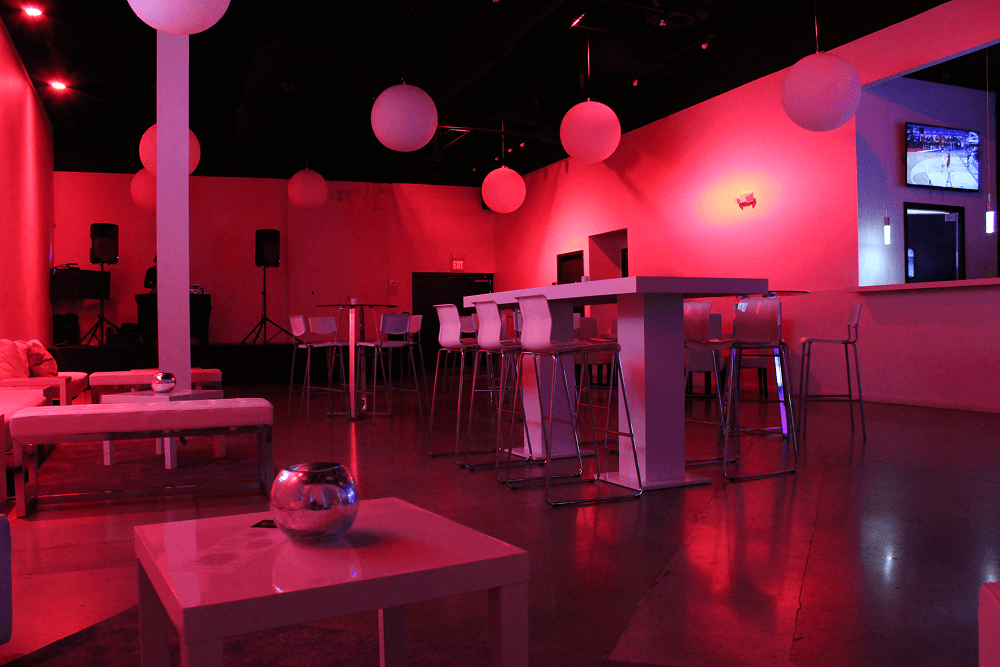 event space lit in red lights